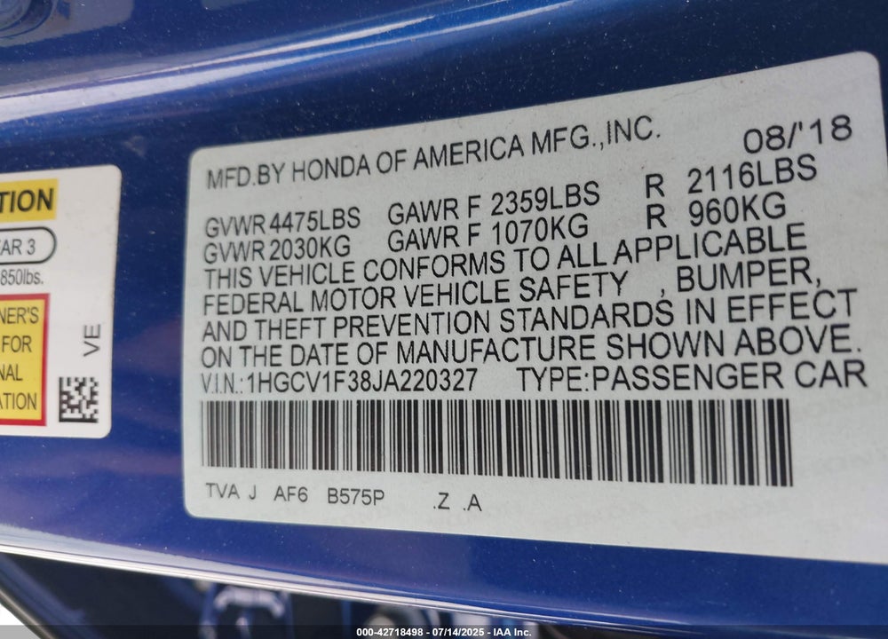 2018 HONDA ACCORD VIN: 1HGCV1F38JA220327