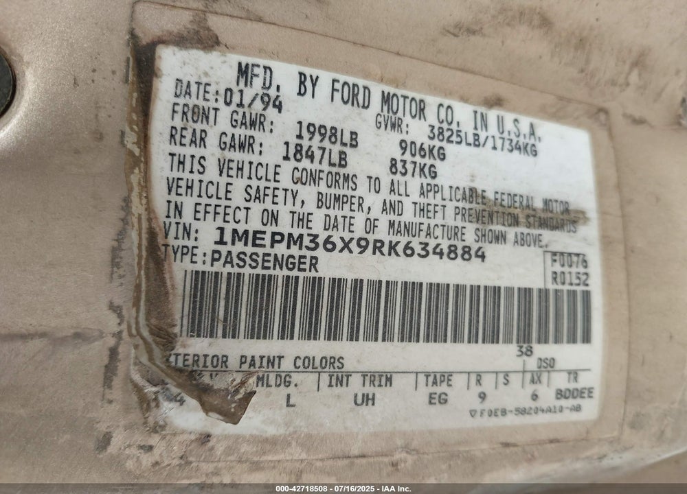 1994 MERCURY TOPAZ VIN: 1MEPM36X9RK634884