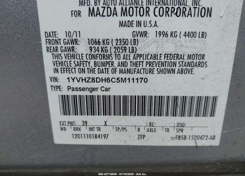 2012 MAZDA 6 VIN: 1YVHZ8DH6C5M11170