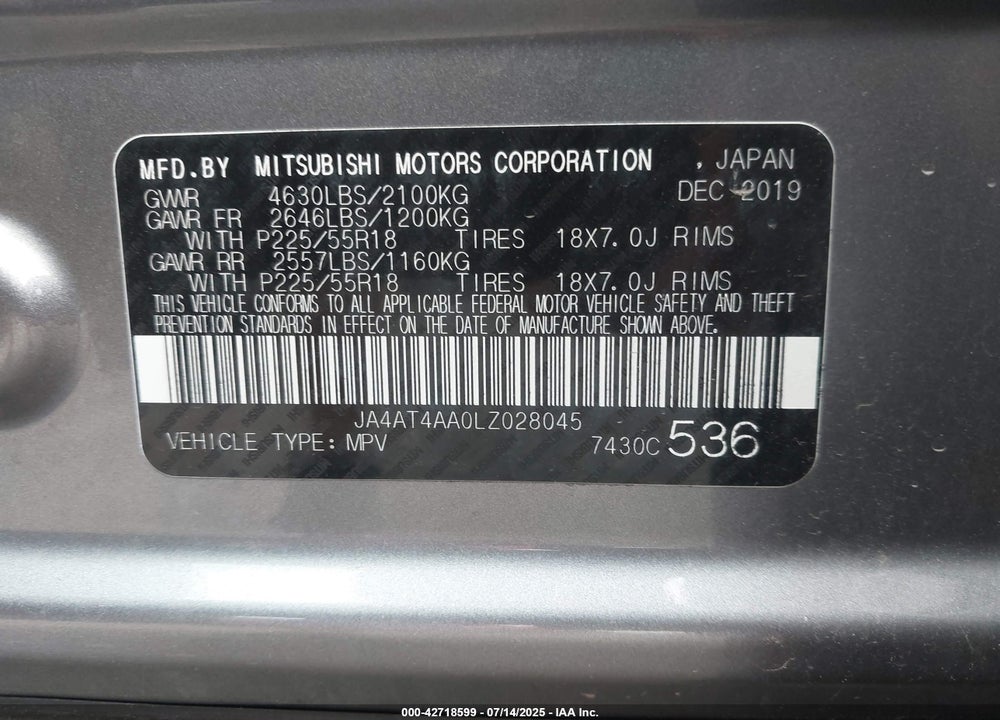 2020 MITSUBISHI ECLIPSE CROSS LE 1.5T AWC VIN: JA4AT4AA0LZ028045