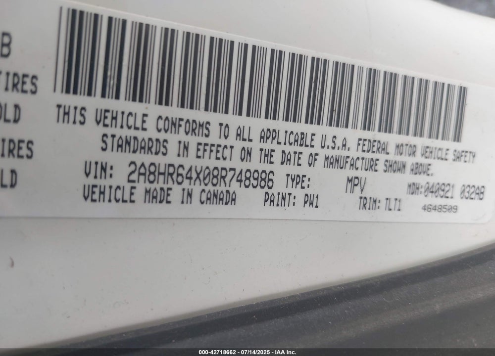 2008 CHRYSLER TOWN & COUNTRY LIMITED VIN: 2A8HR64X08R748986