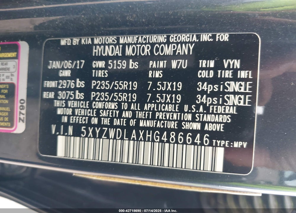 2017 HYUNDAI SANTA FE VIN: 5XYZWDLAXHG486646