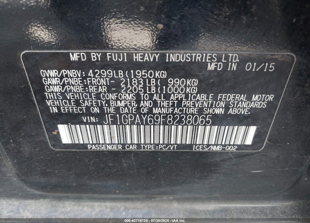 2015 SUBARU IMPREZA 2.0I SPORT PREMIUM VIN: JF1GPAY69F8238065