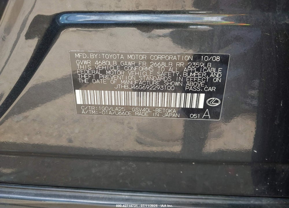 2009 LEXUS ES 350 VIN: JTHBJ46G692293100