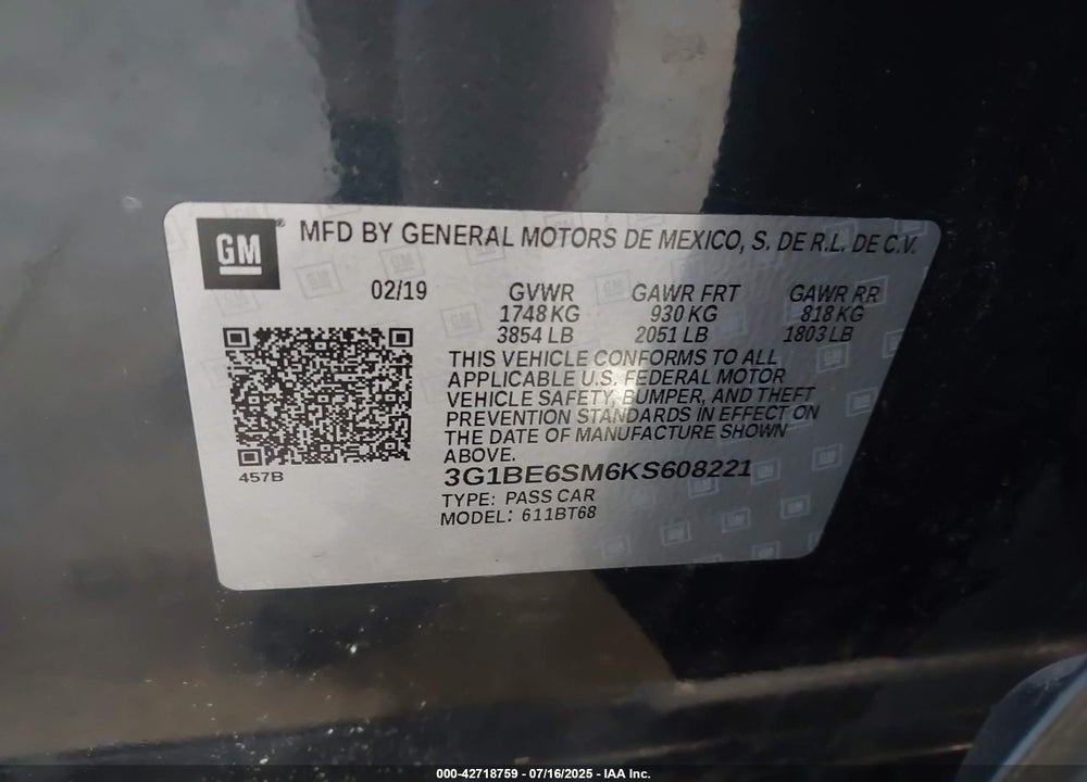 2019 CHEVROLET CRUZE LT VIN: 3G1BE6SM6KS608221