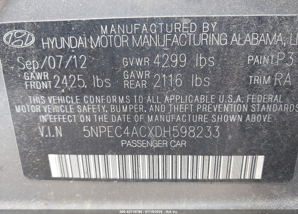 2013 HYUNDAI SONATA VIN: 5NPEC4ACXDH598233