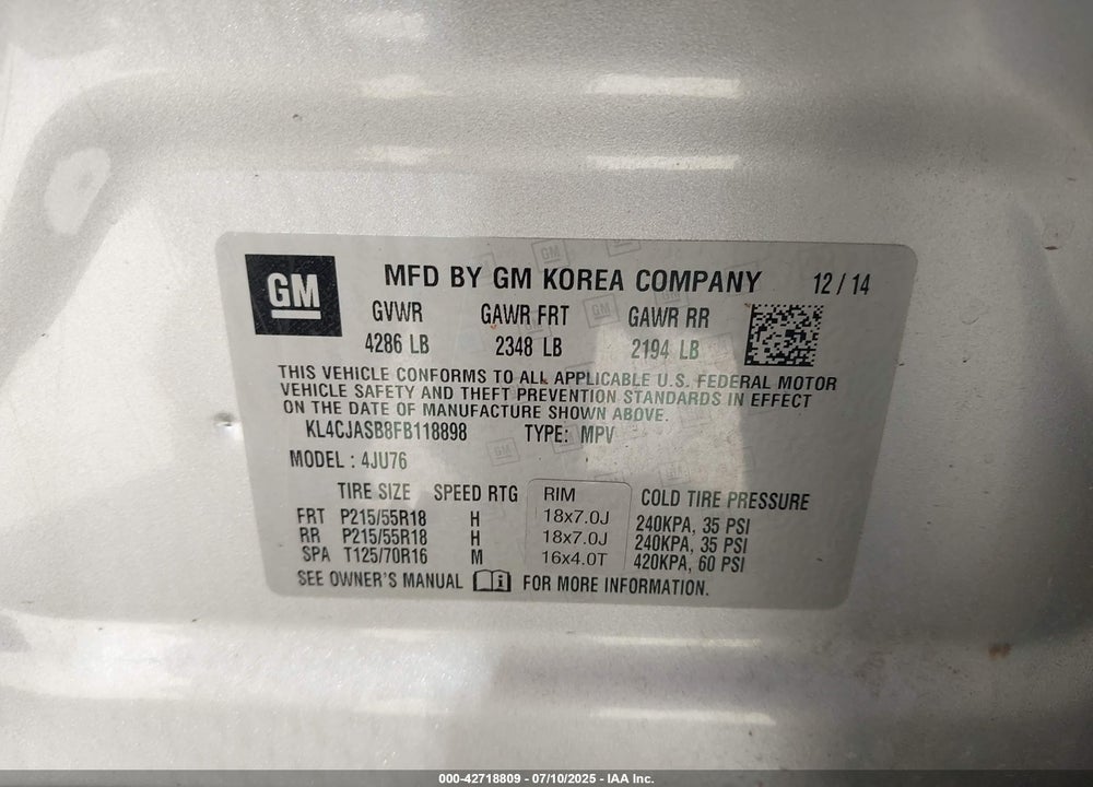 2015 BUICK ENCORE VIN: KL4CJASB8FB118898