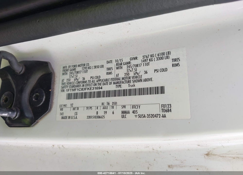 2015 FORD F-150 VIN: 1FTMF1C83FKE31694