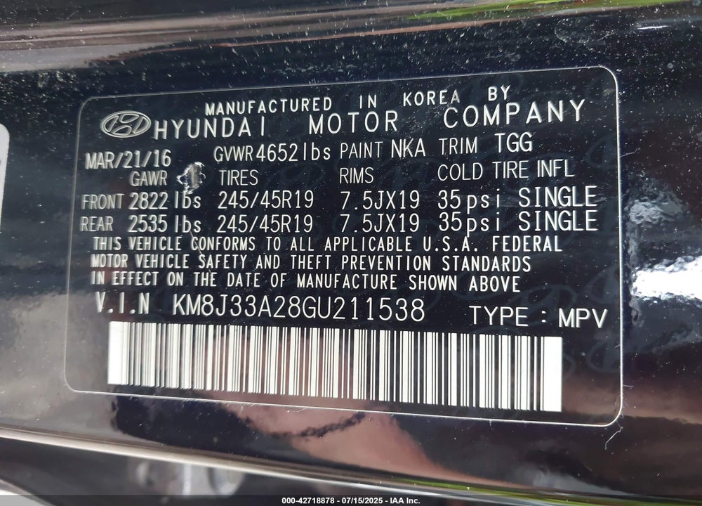 2016 HYUNDAI TUCSON VIN: KM8J33A28GU211538