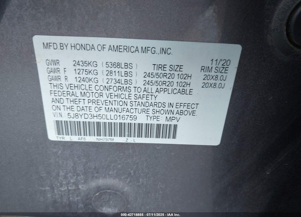 2020 ACURA MDX VIN: 5J8YD3H50LL016759