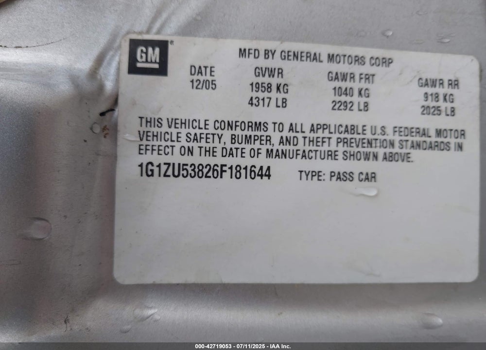 2006 CHEVROLET MALIBU VIN: 1G1ZU53826F181644