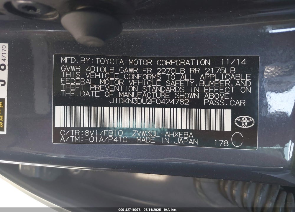 2015 TOYOTA PRIUS VIN: JTDKN3DU2F0424782