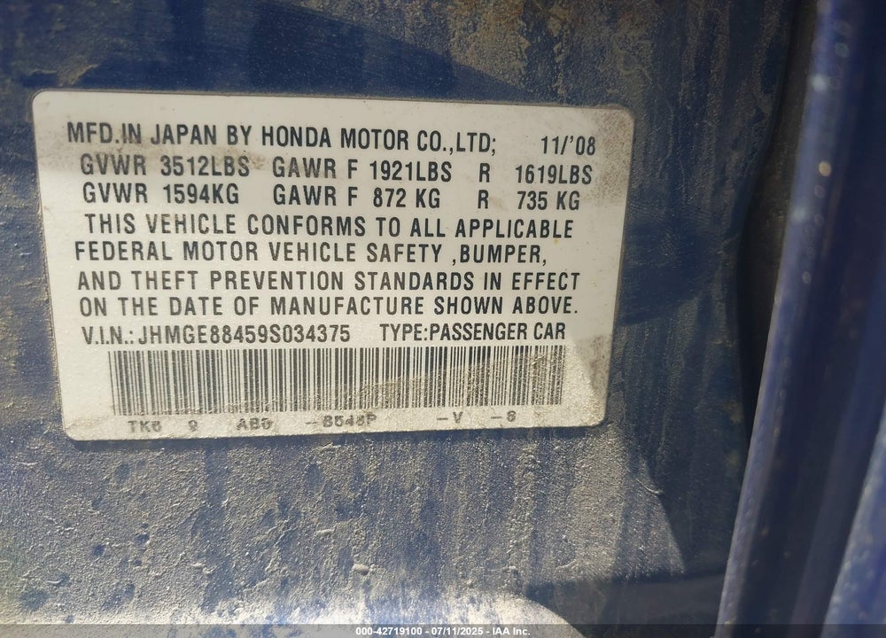 2009 HONDA FIT VIN: JHMGE88459S034375