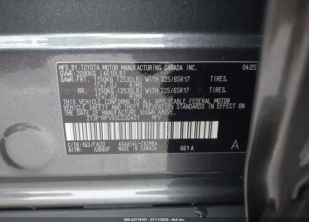 2025 TOYOTA RAV4 VIN: 2T3P1RFVXSC530401