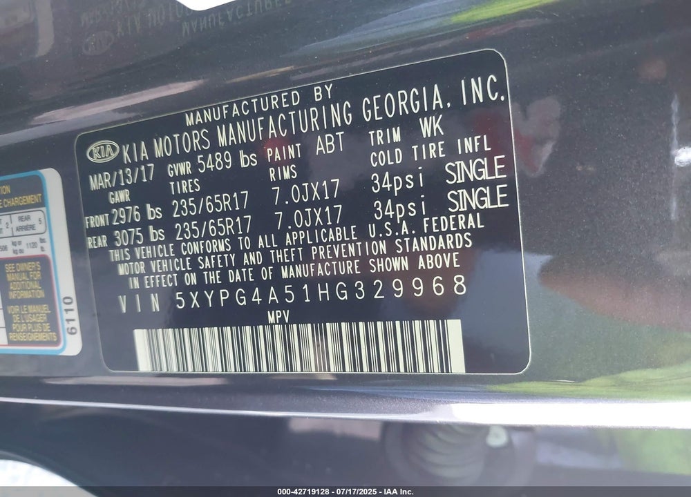 2017 KIA SORENTO VIN: 5XYPG4A51HG329968