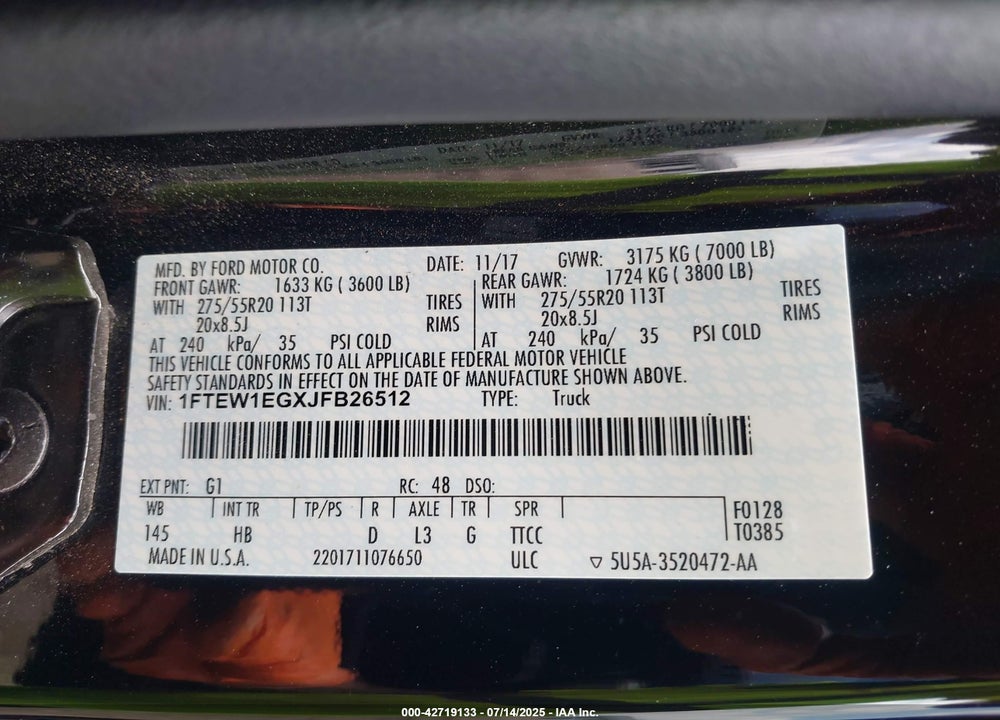 2018 FORD F-150 VIN: 1FTEW1EGXJFB26512