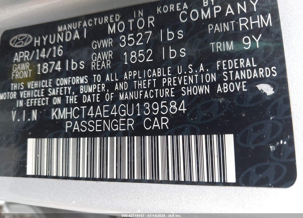2016 HYUNDAI ACCENT VIN: KMHCT4AE4GU139584