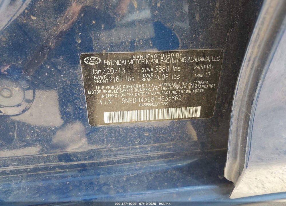 2015 HYUNDAI ELANTRA VIN: 5NPDH4AE8FH635863