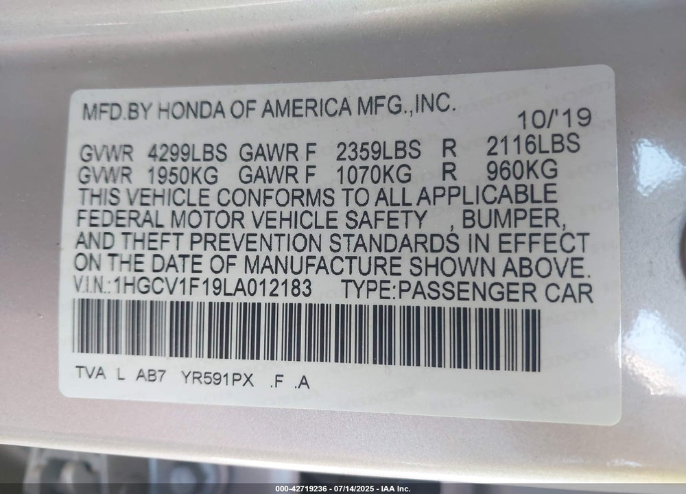 2020 HONDA ACCORD VIN: 1HGCV1F19LA012183