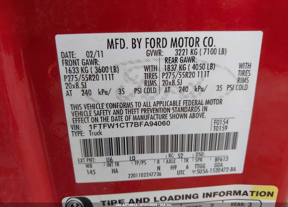 2011 FORD F-150 VIN: 1FTFW1CT7BFA94060