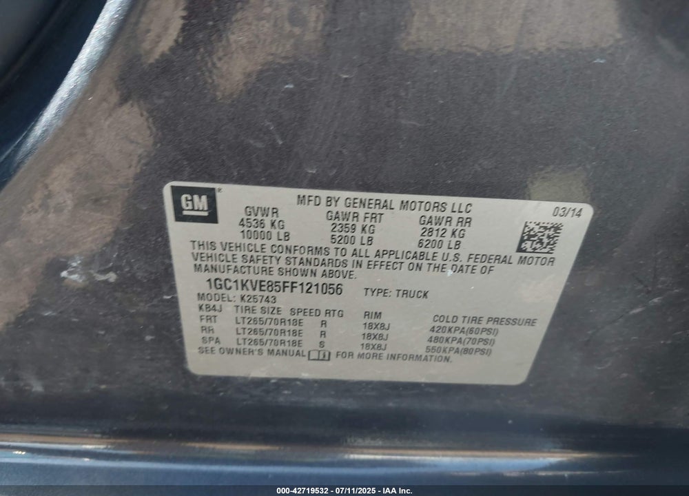 2015 CHEVROLET SILVERADO 2500 VIN: 1GC1KVE85FF121056