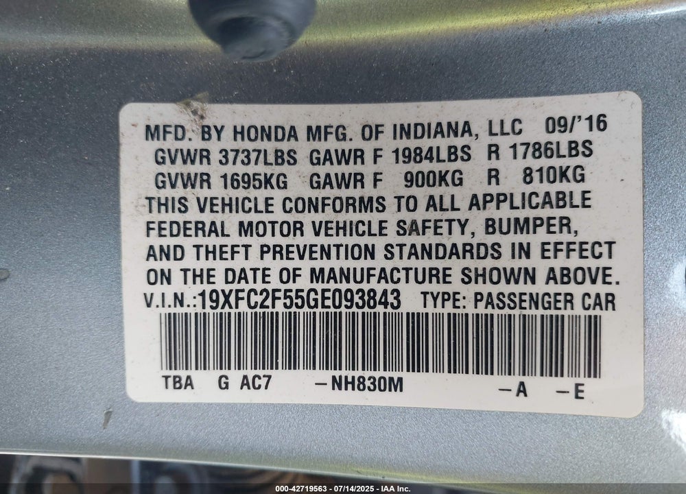 2016 HONDA CIVIC VIN: 19XFC2F55GE093843