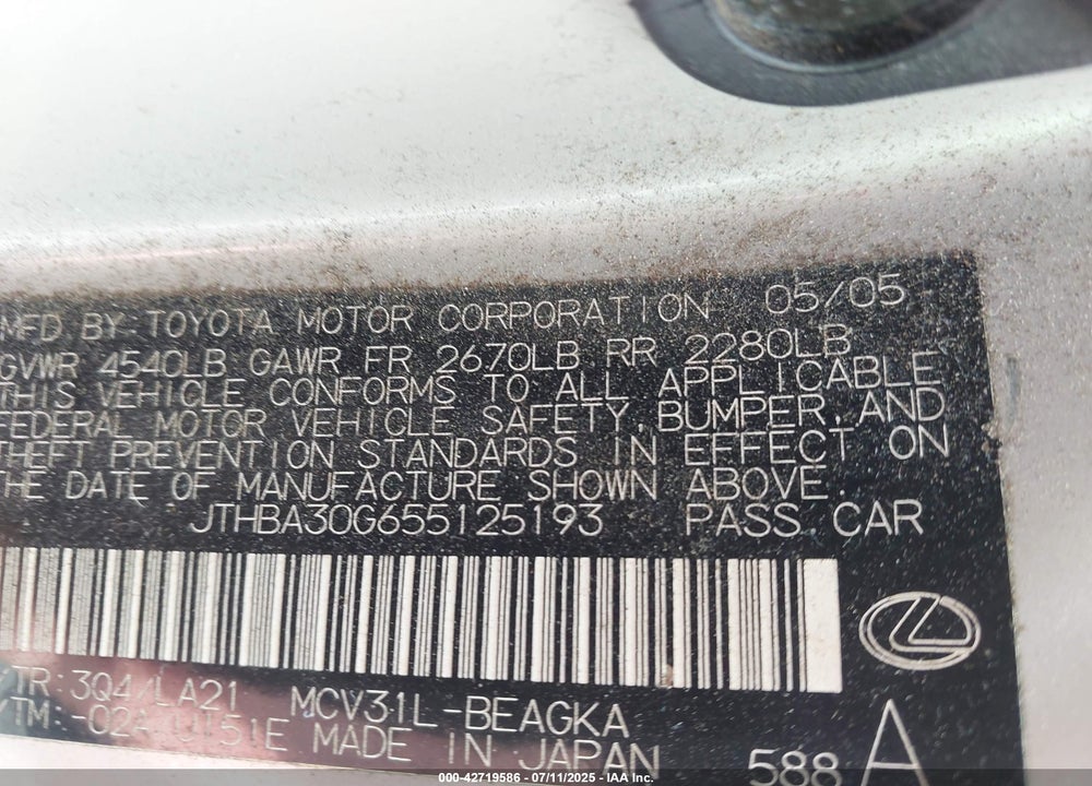 2005 LEXUS ES 330 VIN: JTHBA30G655125193