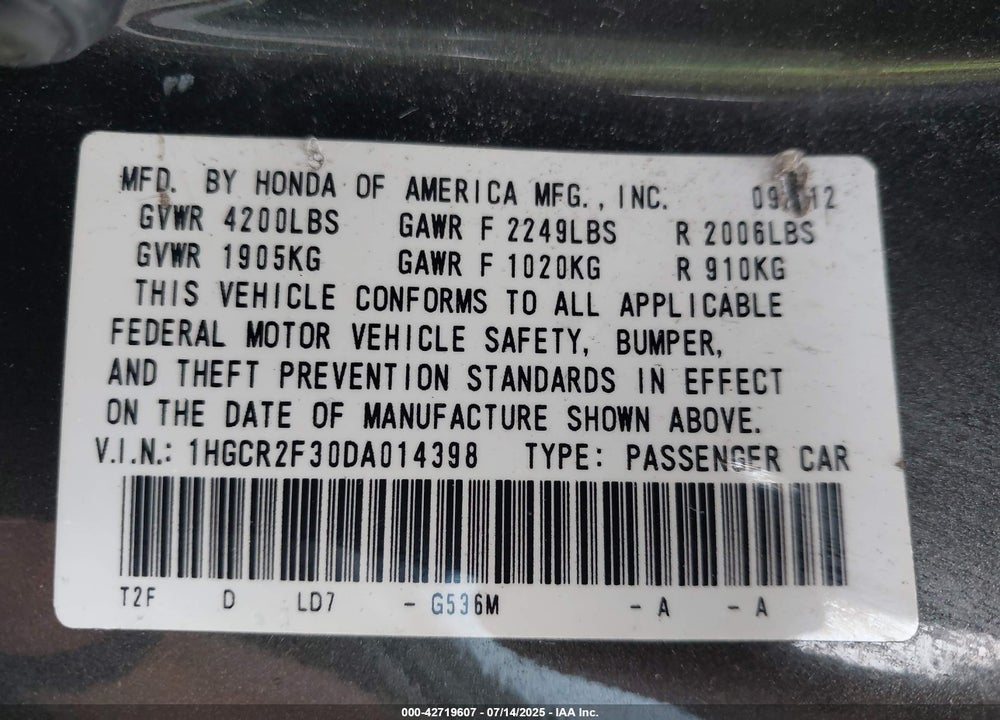 2013 HONDA ACCORD VIN: 1HGCR2F30DA014398