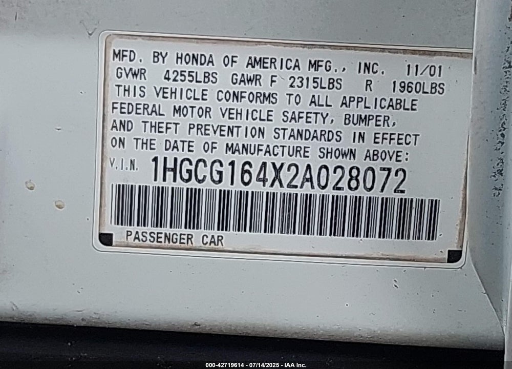 2002 HONDA ACCORD 3.0 LX VIN: 1HGCG164X2A028072