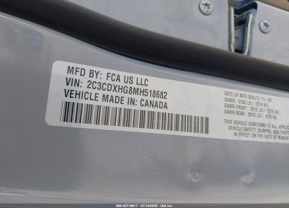 2021 DODGE CHARGER VIN: 2C3CDXHG8MH518682