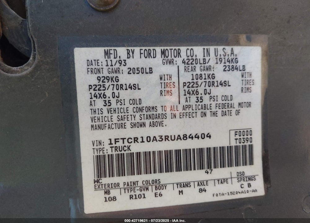 1994 FORD RANGER VIN: 1FTCR10A3RUA84404
