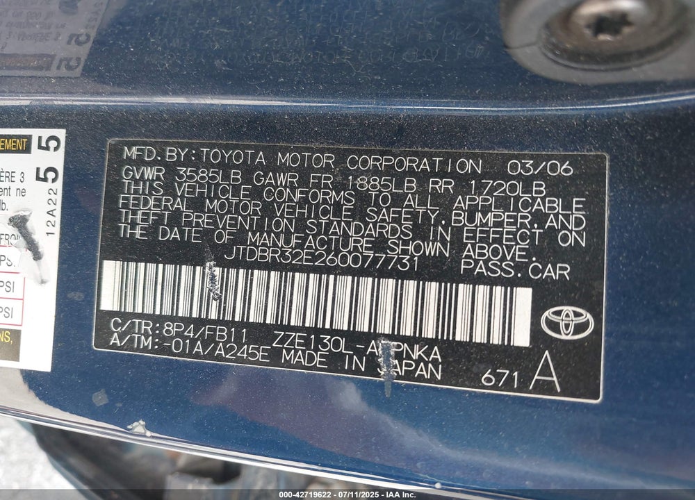 2006 TOYOTA COROLLA LE VIN: JTDBR32E260077731