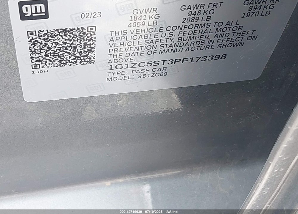 2023 CHEVROLET MALIBU FWD 1FL VIN: 1G1ZC5ST3PF173398
