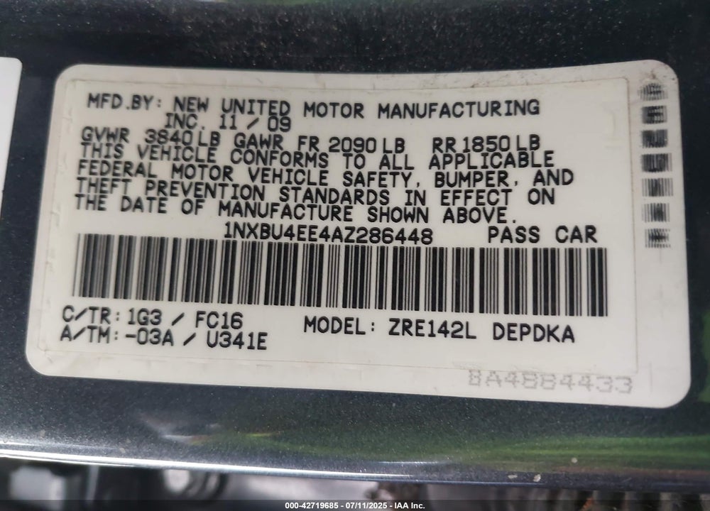 2010 TOYOTA COROLLA VIN: 1NXBU4EE4AZ286448