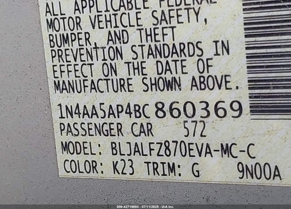 2011 NISSAN MAXIMA VIN: 1N4AA5AP4BC860369