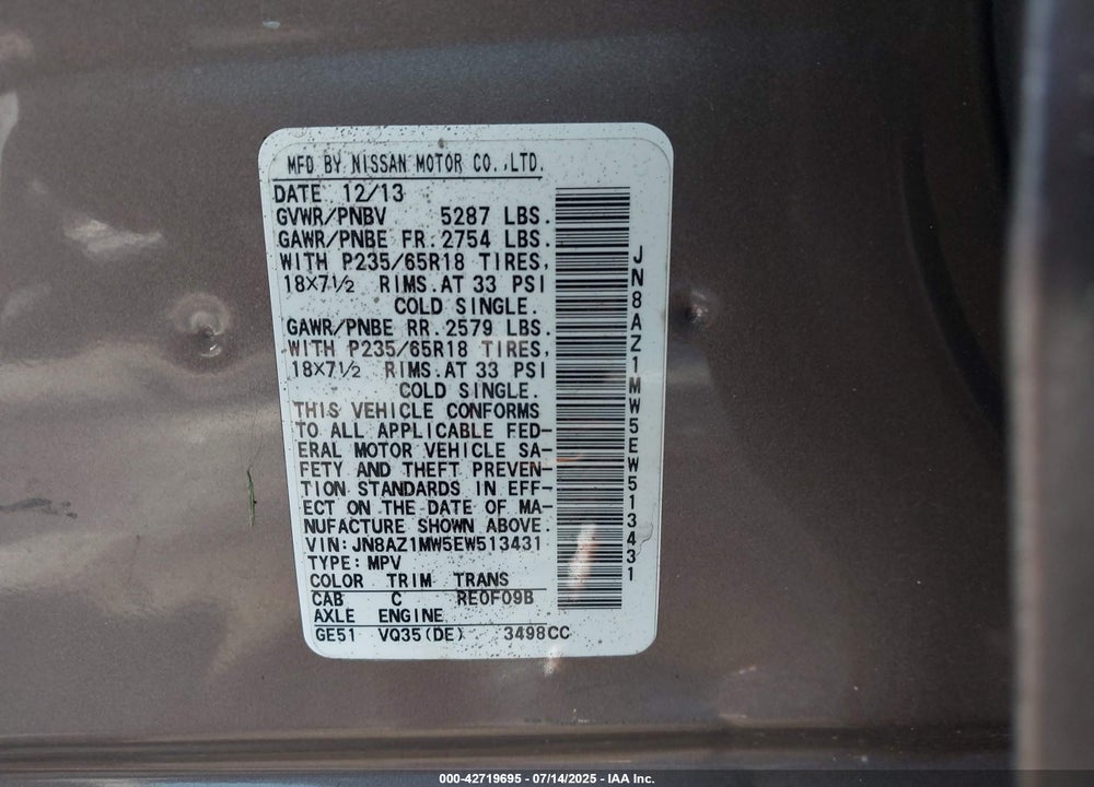 2014 NISSAN MURANO SL VIN: JN8AZ1MW5EW513431