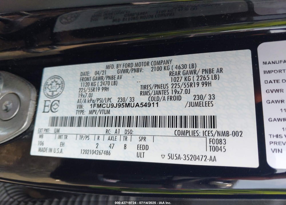 2021 FORD ESCAPE VIN: 1FMCU9J95MUA54911