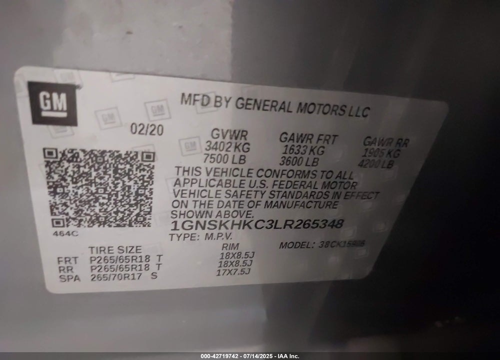 2020 CHEVROLET SUBURBAN VIN: 1GNSKHKC3LR265348