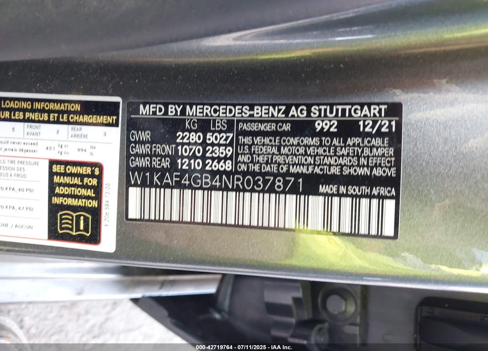 2022 MERCEDES-BENZ C CLASS VIN: W1KAF4GB4NR037871