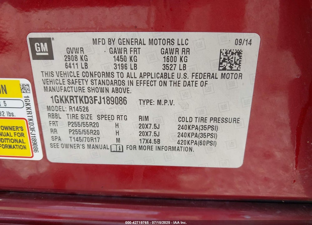 2015 GMC ACADIA VIN: 1GKKRTKD3FJ189086