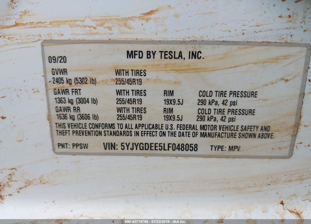 2020 TESLA MODEL Y LONG RANGE DUAL MOTOR ALL-WHEEL DRIVE VIN: 5YJYGDEE5LF048058