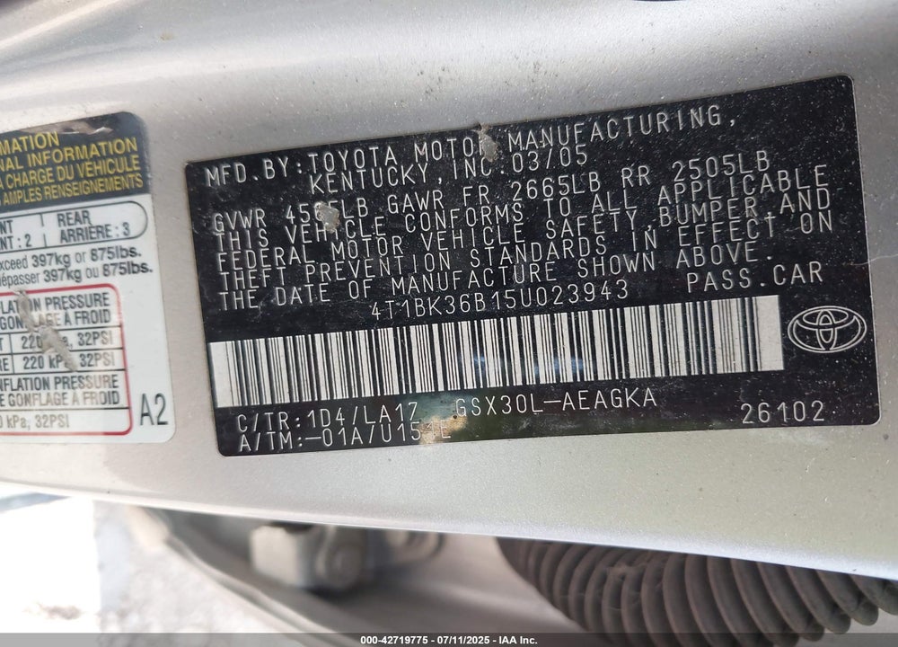 2005 TOYOTA AVALON XLS VIN: 4T1BK36B15U023943