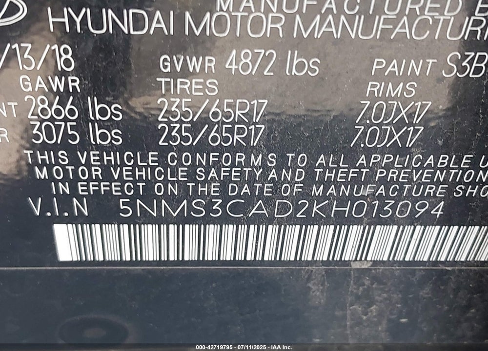 2019 HYUNDAI SANTA FE VIN: 5NMS3CAD2KH013094