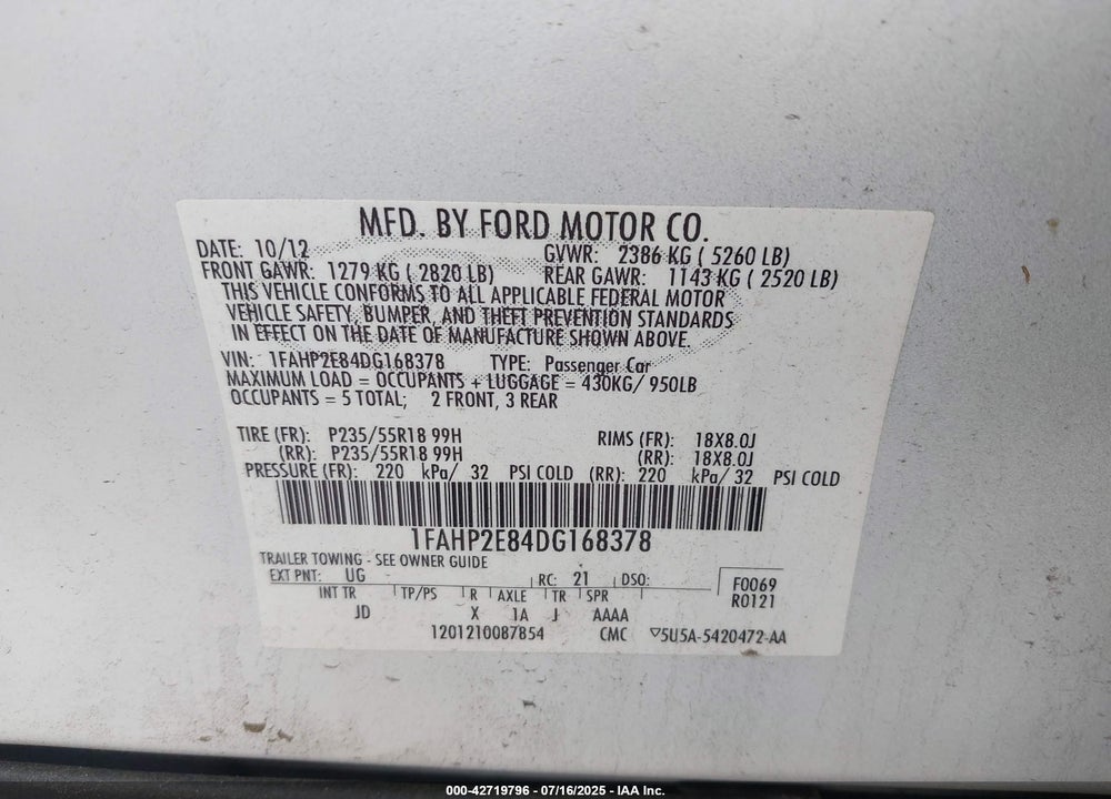 2013 FORD TAURUS VIN: 1FAHP2E84DG168378