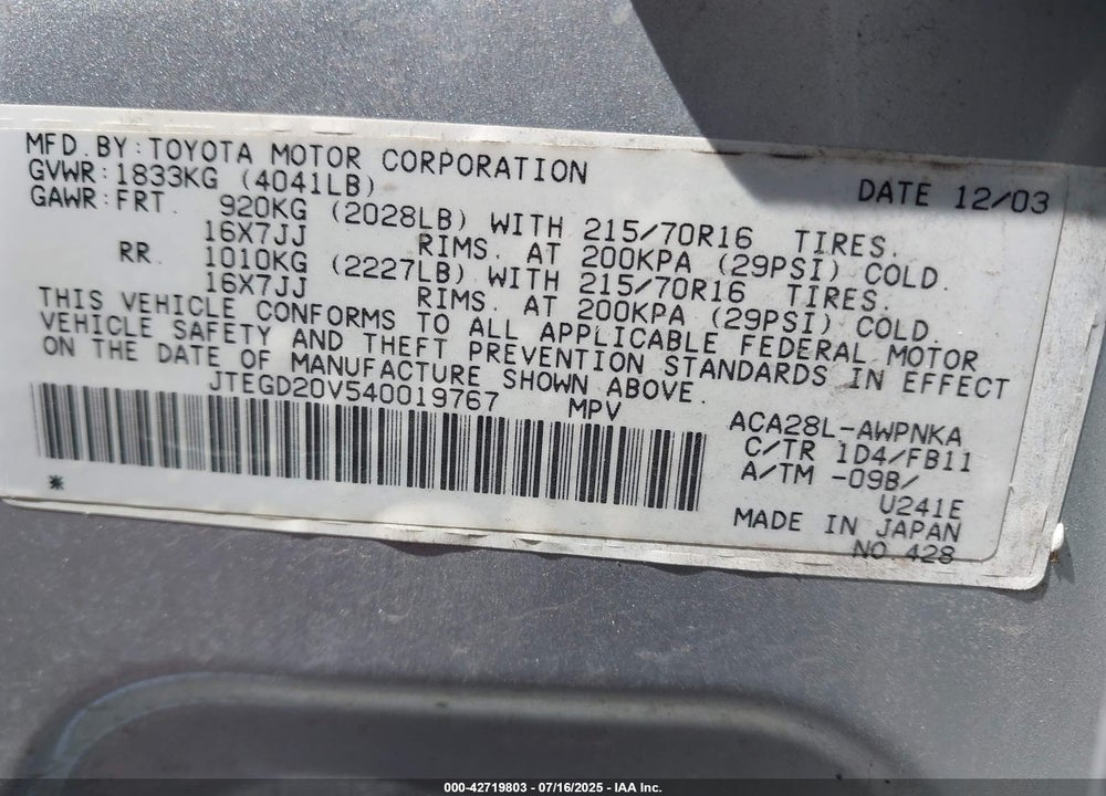 2004 TOYOTA RAV4 VIN: JTEGD20V540019767