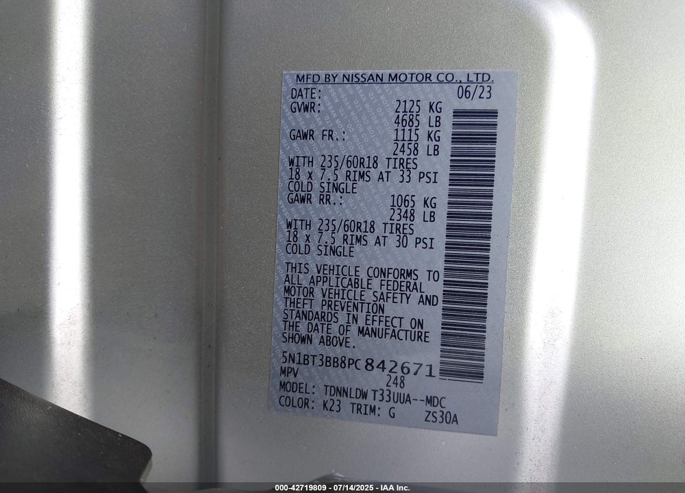 2023 NISSAN ROGUE VIN: 5N1BT3BB8PC842671