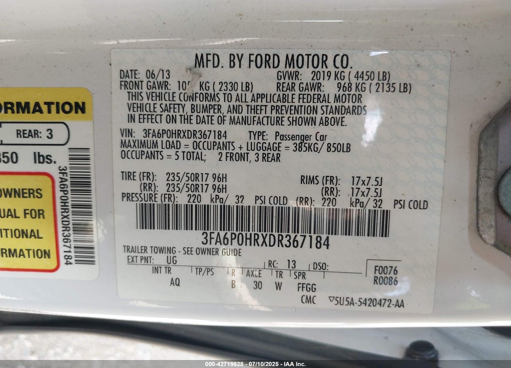 2013 FORD FUSION VIN: 3FA6P0HRXDR367184