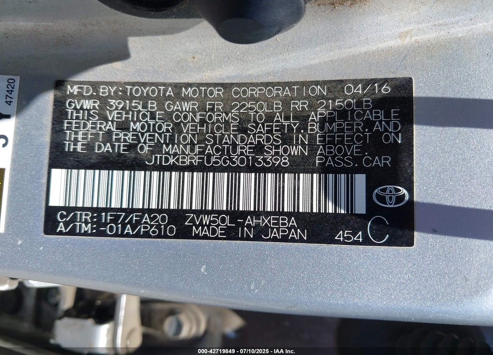 2016 TOYOTA PRIUS VIN: JTDKBRFU5G3013398