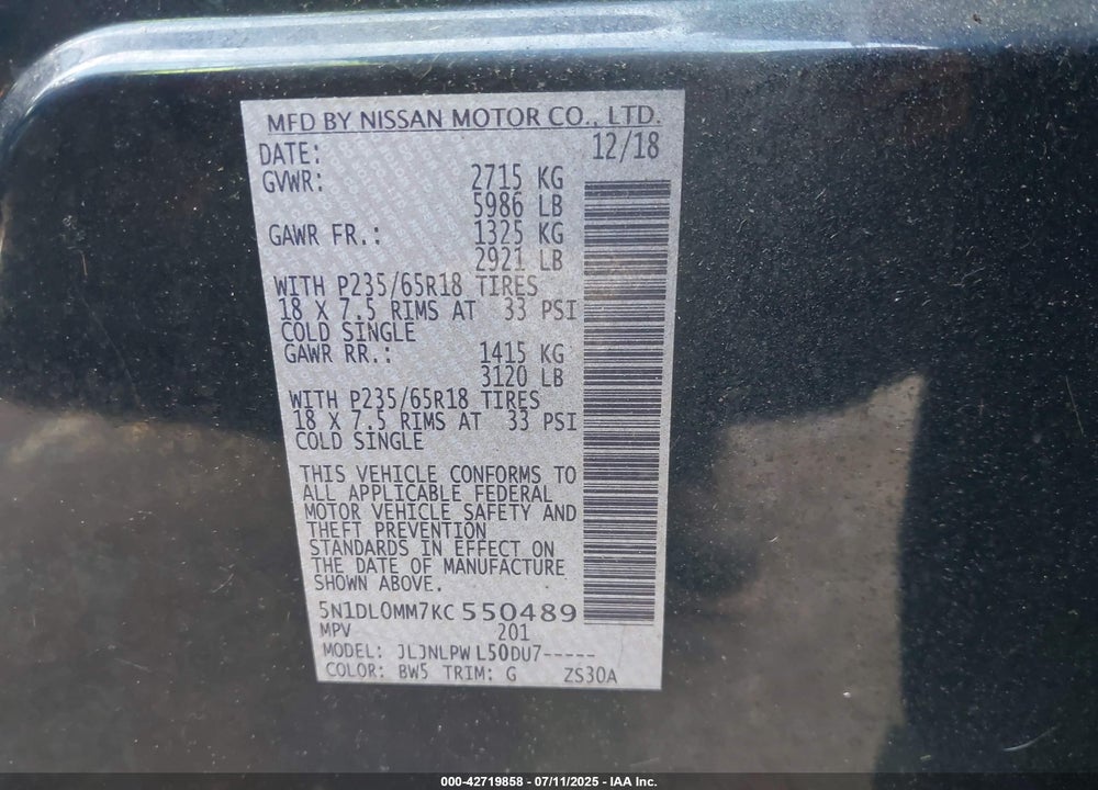 2019 INFINITI QX60 LUXE VIN: 5N1DL0MM7KC550489