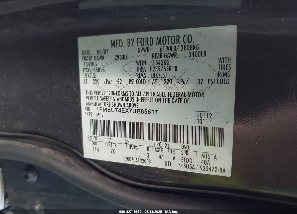 2007 FORD EXPLORER VIN: 1FMEU74EX7UB85617